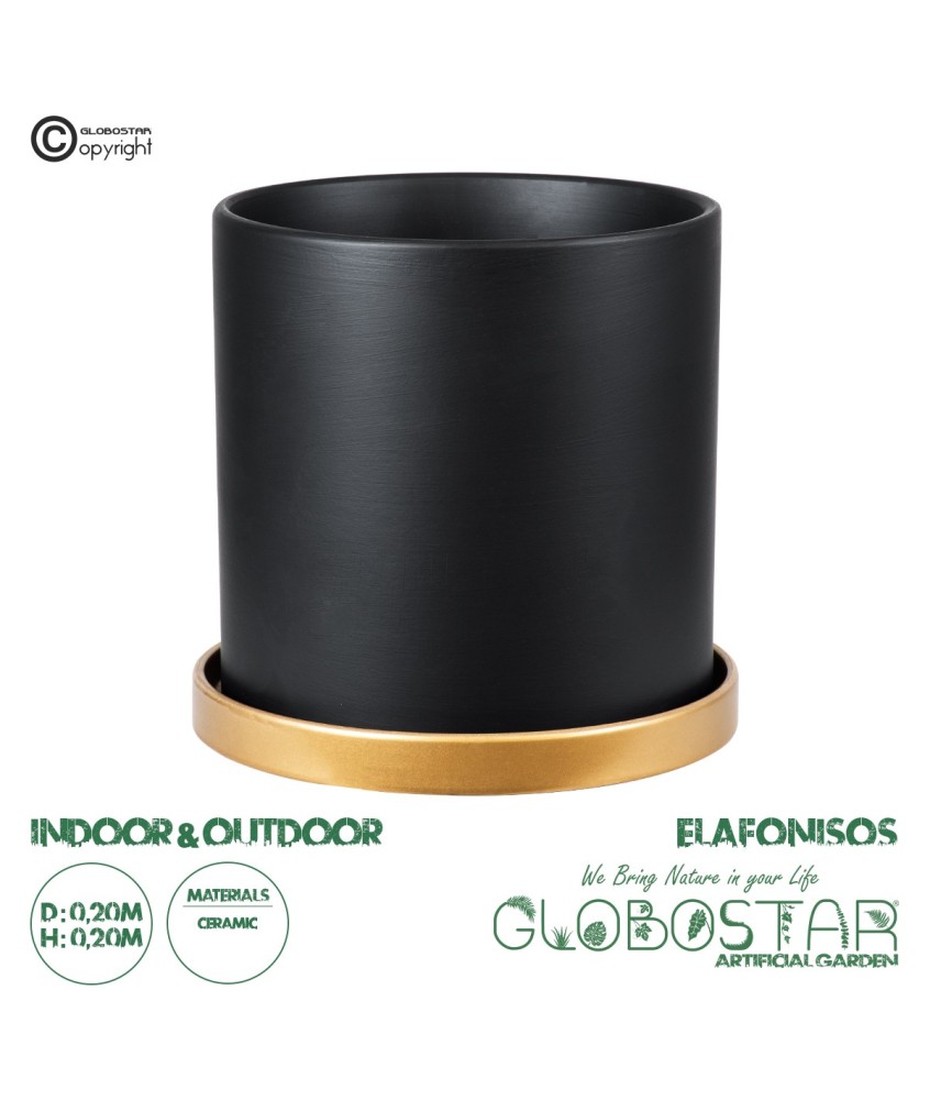 GloboStar® Artificial Garden ELAFONISOS 20447 Πήλινο Κεραμικό Κασπώ Γλάστρα - Flower Pot Μαύρο με Χρυσό Φ20cm x Υ20cm